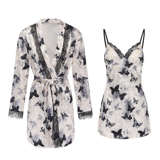 Silk-Touch Velvet Lingerie Set - Butterfly Embroidery Nightgown & Robe