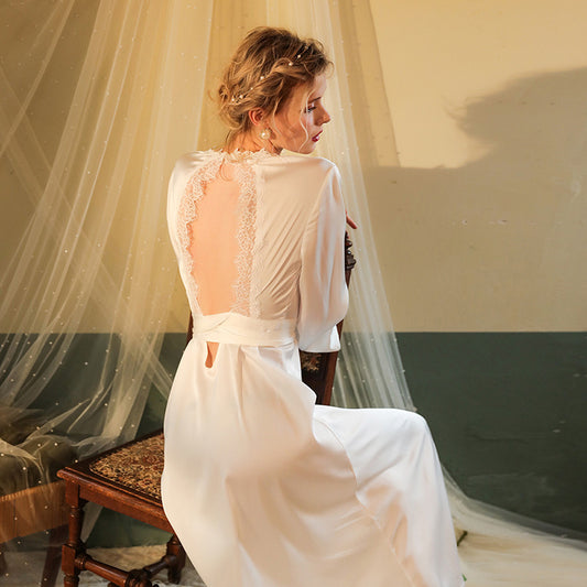 Elegant Backless Nightgown - Sexy Lace Trim V-Neck Nightwear Dress, Women's Satin Robe