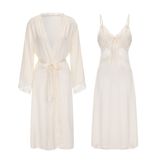 Satin lace-trimmed nightgown set Cream Yellow
