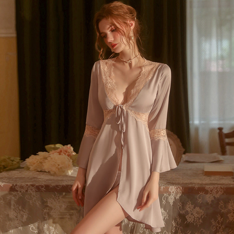 Lace Trimmed Nightgown - Glamorous Chic Satin Night Robe with Flared Sleeves, Women's Elegant Sleepwear for Special Nights