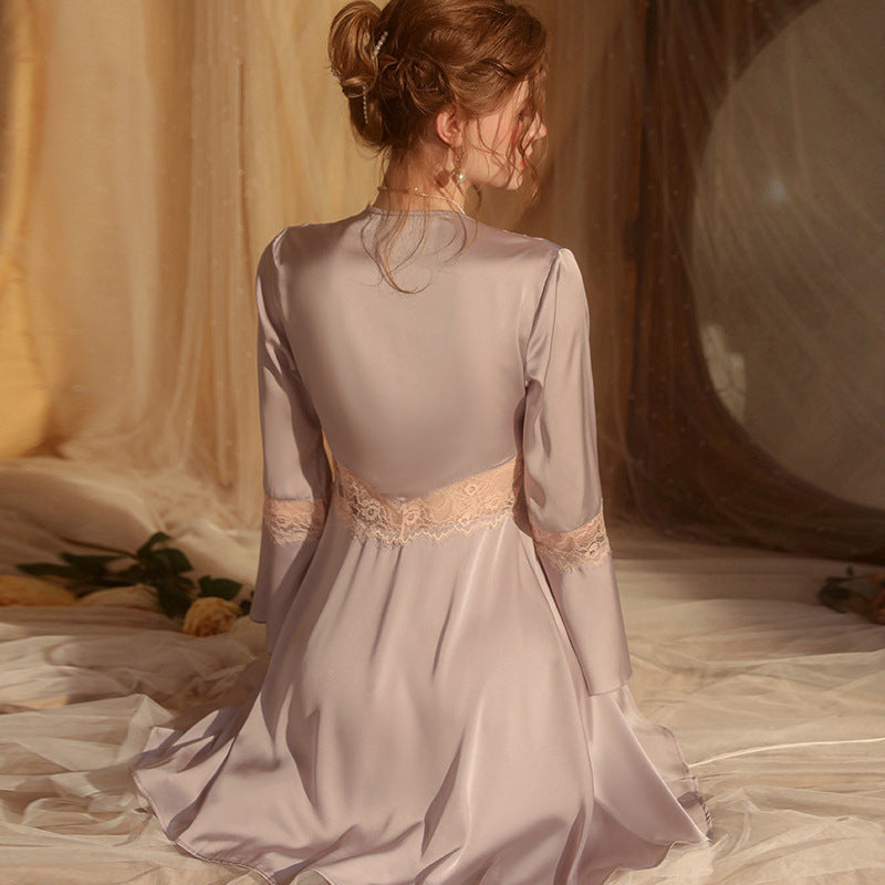 Lace Trimmed Nightgown - Glamorous Chic Satin Night Robe with Flared Sleeves, Women's Elegant Sleepwear for Special Nights
