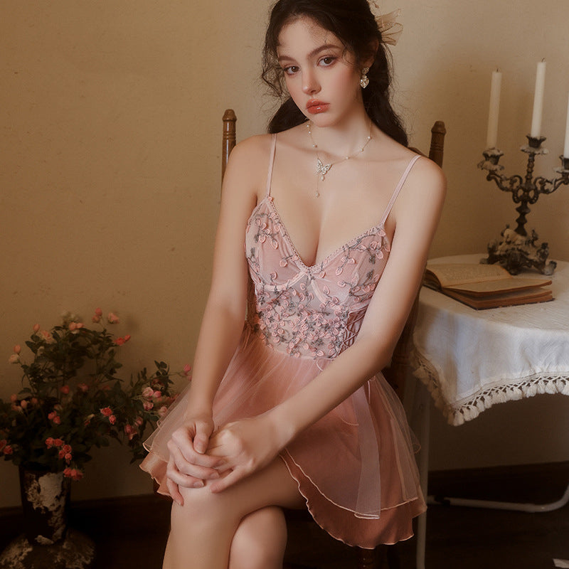 Silk Floral Embroidered Nightgown Set with Velvet Robe