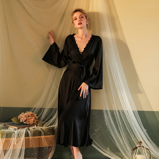Elegant Backless Nightgown - Sexy Lace Trim V-Neck Nightwear Dress, Women's Satin Robe