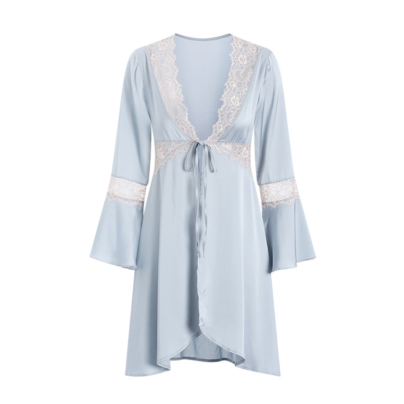 Lace Trimmed Nightgown - Glamorous Chic Satin Night Robe with Flared Sleeves, Women's Elegant Sleepwear for Special Nights