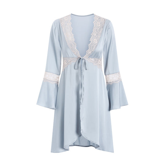 Lace Trimmed Nightgown - Glamorous Chic Satin Night Robe with Flared Sleeves, Women's Elegant Sleepwear for Special Nights