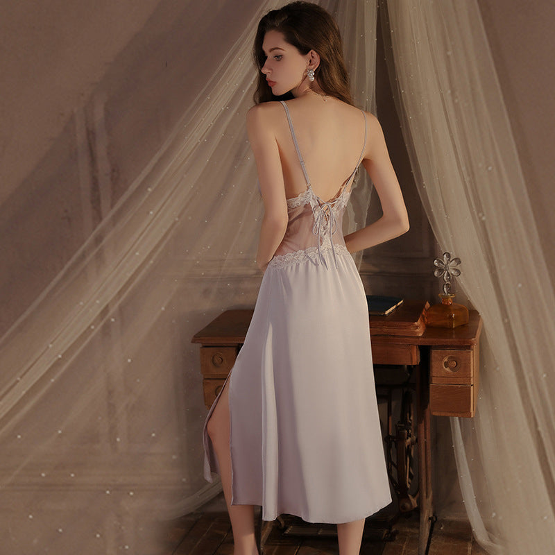 satin lace nightie set features a daring backless V-neck