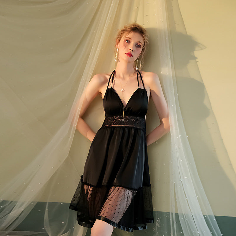 Breathable Fabric Black / White Sexy Sleep Dress