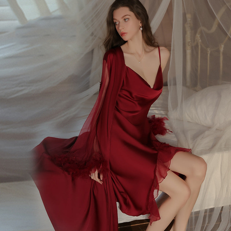 Glamorous High Slit Dress & Feather Trim Wrap Wine Red
