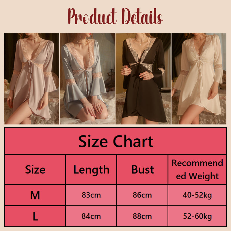 Lace Trimmed Nightgown - Glamorous Chic Satin Night Robe with Flared Sleeves, Women's Elegant Sleepwear for Special Nights